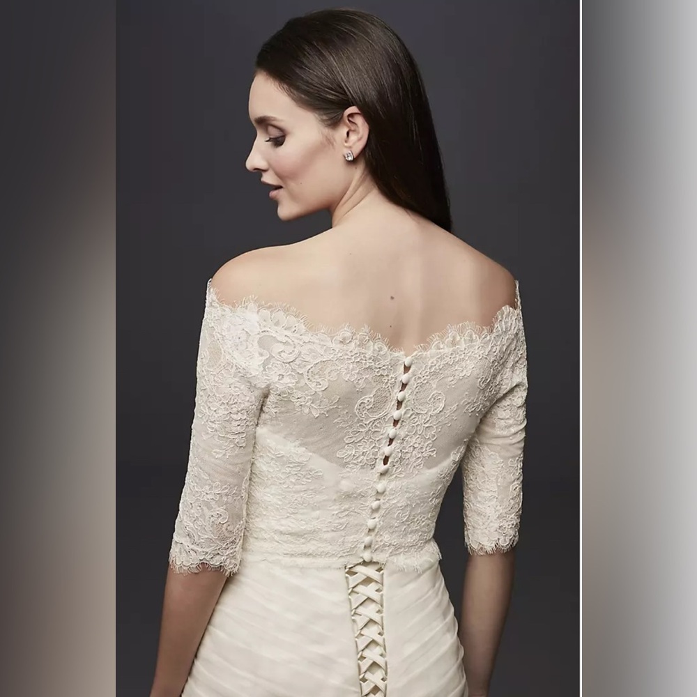 David’s Bridal Ivory Off-the-Shoulder Lace Topper with 3/4 Sleeves - Picture 2 of 10